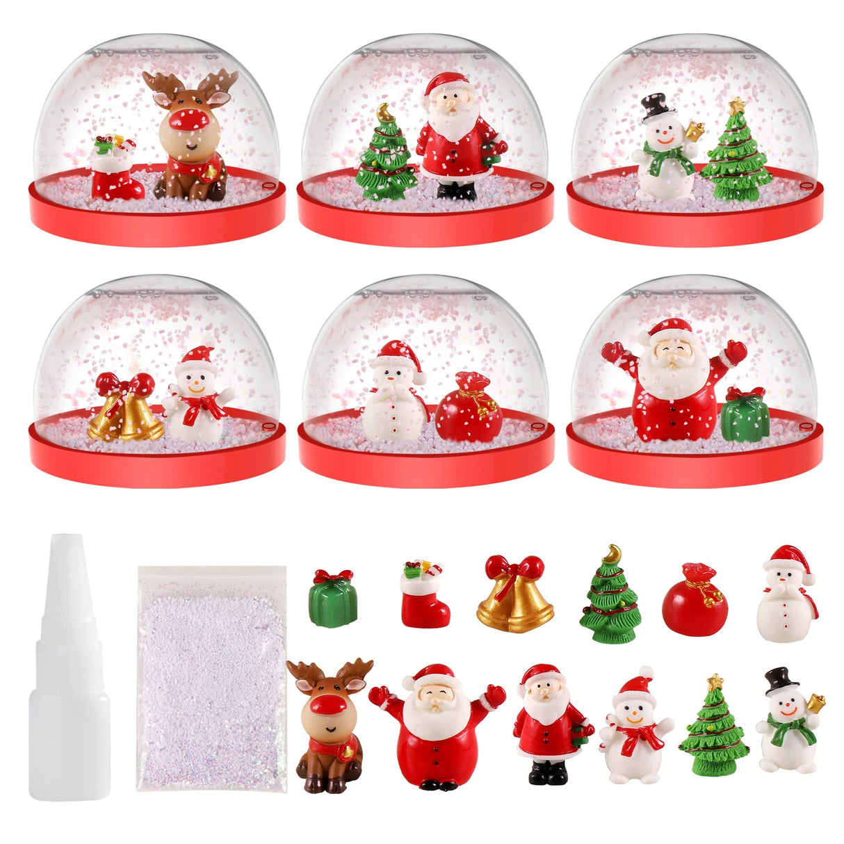 Karsspor 6 PCS Christmas Snow Globe Kit, DIY Christmas Craft Kit with 12 Festive Toys for Creative Christmas Arts and Crafts, Craft Snow Globe for Holiday Decor, Plastic Snow Water Globe Kit for Kids Karsspor