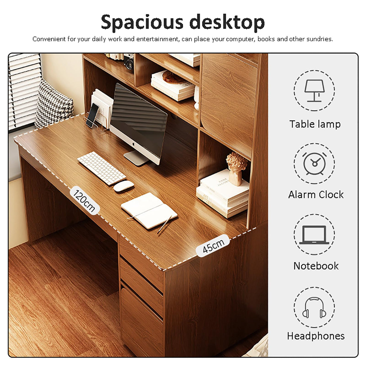 HM&DX Home Office Computer Desk with Hutch,Wood Writing Desk Study Desk with Drawers,Modern Furniture Wooden Desk with Open Storage Cubby,Study Table Computer Desk Makeup Workstation HM&DX