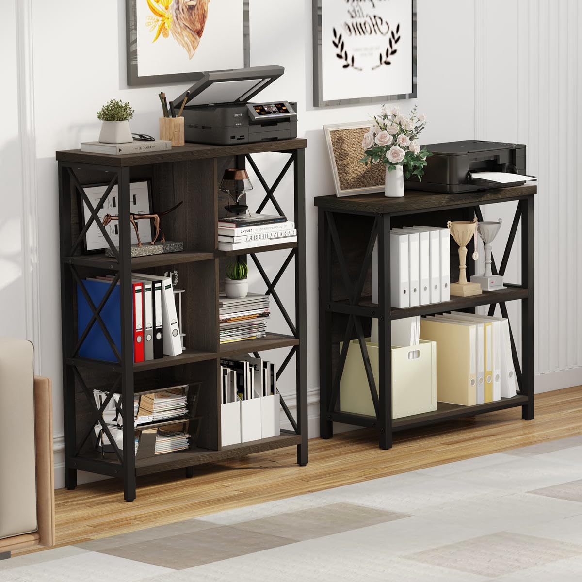 FATORRI 6 Cube Storage Organizer Shelf, Rustic Wood and Metal Cubby Bookcase, Industrial 4 Tier Cube Bookshelf (Walnut Brown) FATORRI