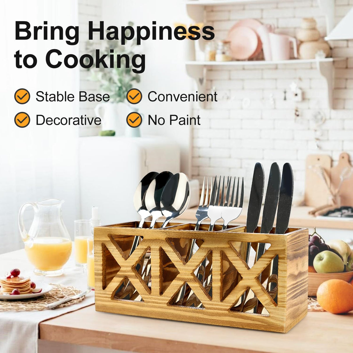 Wooden Cutlery Silverware Holder Flatware Caddy Wood Utensil Holder for Kitchen Counter Decor Small Silverware Organizer Countertop Spoon and Fork Holder Table Utensil Caddy for Party Cutlery Basket Ayiaren