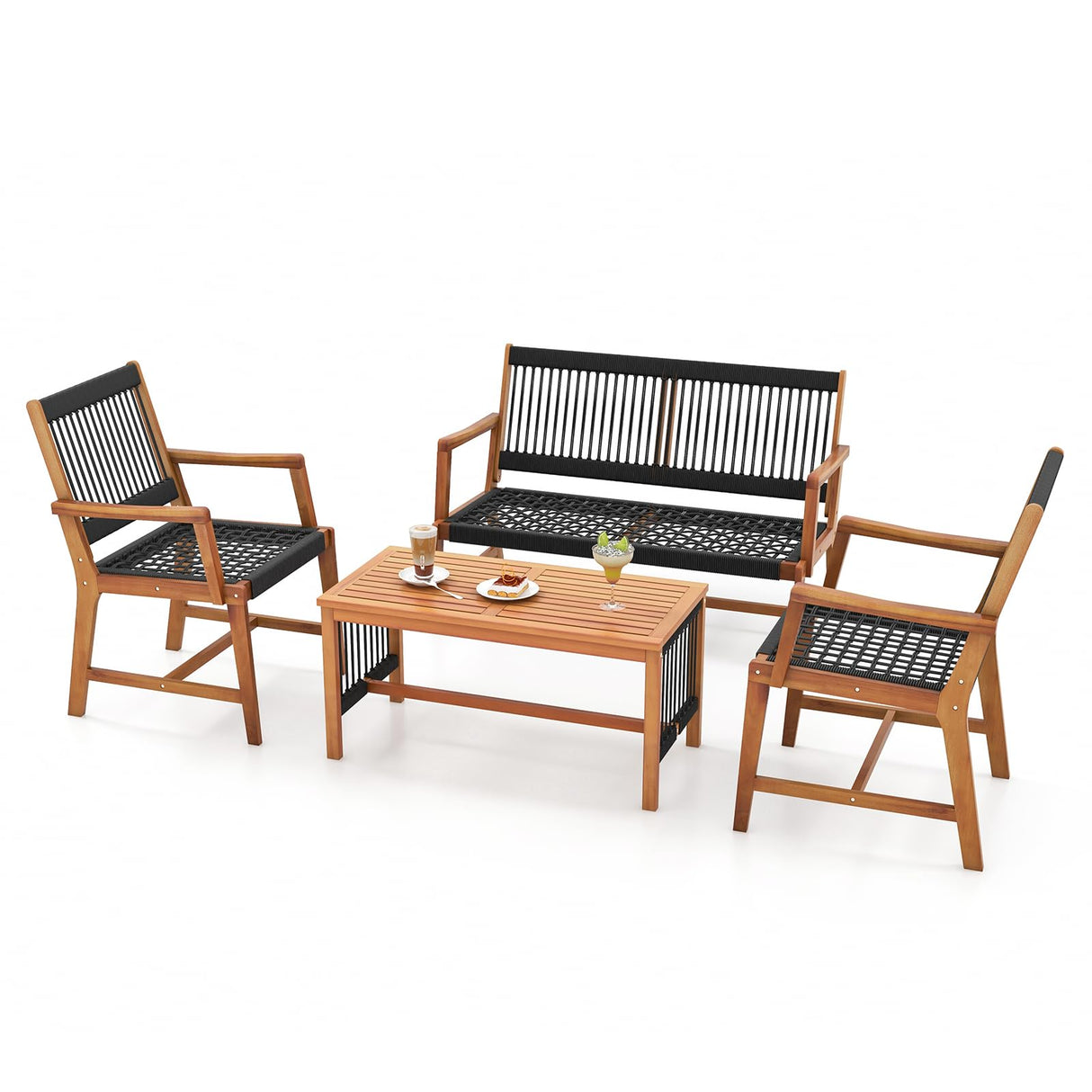 HAPPYGRILL 4 Pieces Patio Furniture Set Acacia Wood Conversation Set with Hand-Woven Rope Design, Ergonomic Loveseat & Single Chairs, Wooden Chair & Table Set for Porch Yard Poolside HAPPYGRILL