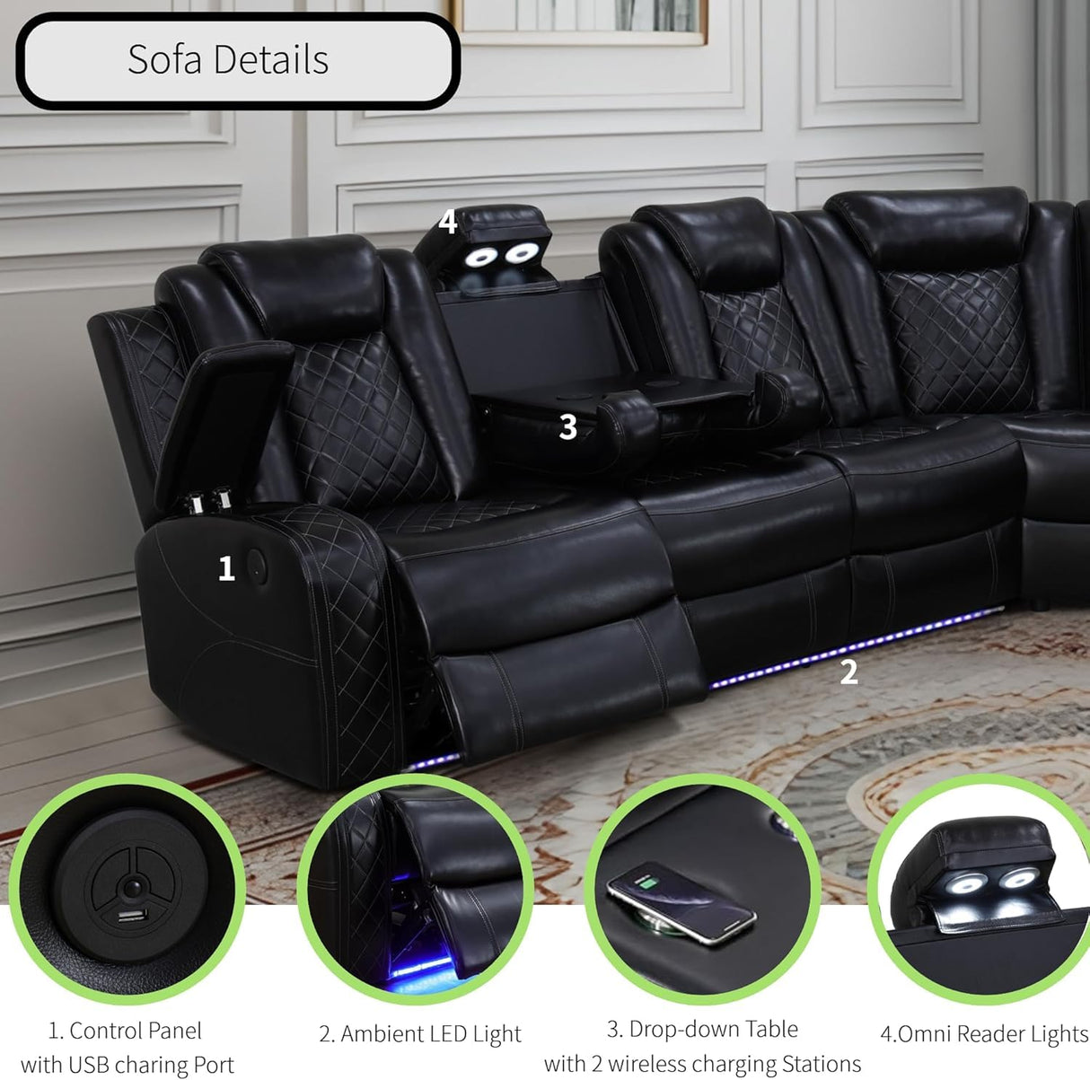 Power Recliner Sofa Sectional Sofa with LED Light for Living Room, Air Leather Reclining Corner Sectional Sofa Set, Cup Holder, Storage Console for Home Theater Seating (Black, Sectional) AYCP Furniture