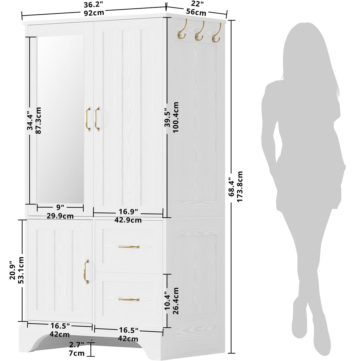 LIKIMIO Armoire Wardrobe Closet with Mirror and 3 Doors and 2 Drawers, Bedroom Wooden Armoire Storage Cabinet Combination with Hanging Rod for Bedroom, White LIKIMIO