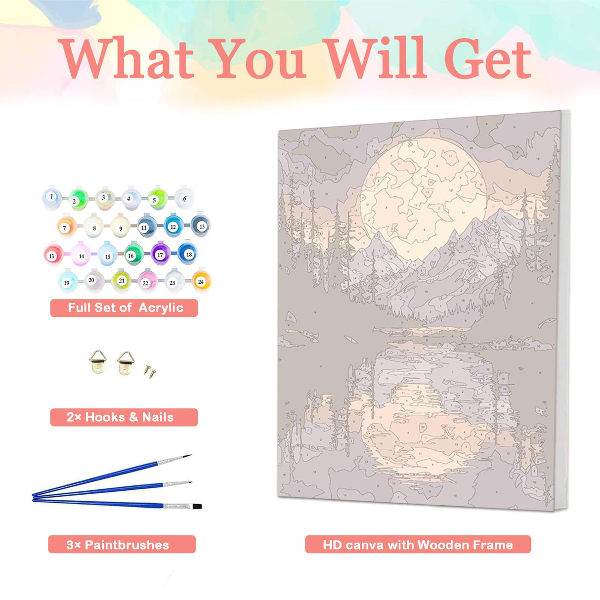 Auremi Mountain Paint by Number Kits with Framed, DIY Sunset Paint by Number Canvas for Adults, Easy Landscape Acrylic in Canvas with Brushes for Decor 20x30cm Auremi