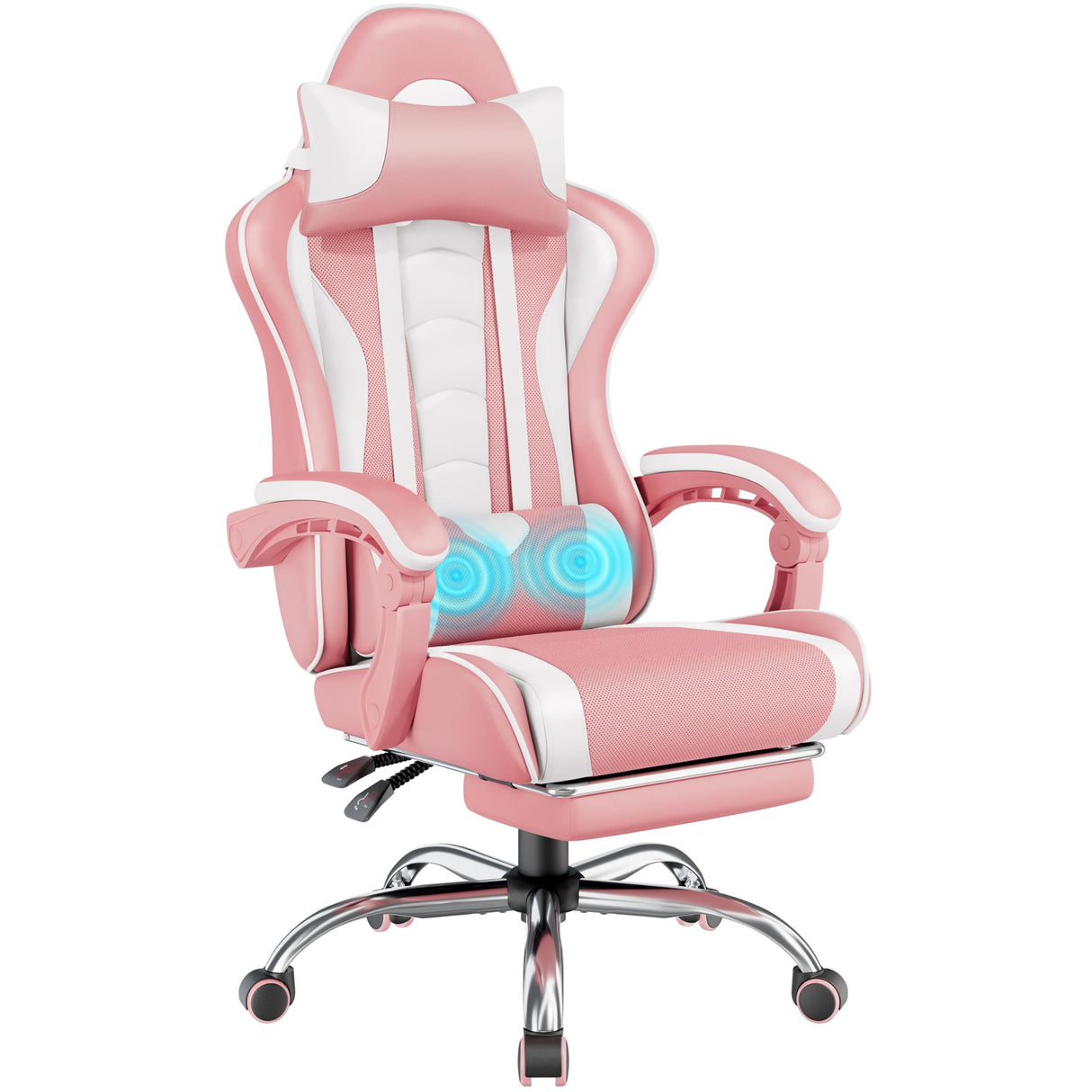 Yaheetech Gaming Chair, Video Game Chair with Massage Lumbar Support and Footrest Height Adjustable Ergonomic Computer Chair with Swivel Seat and Headrest, Pink/White Yaheetech