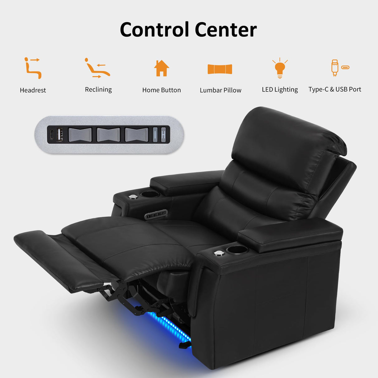 MCombo Triple Motors Power Recliner Chair with Power Headrest & Lumbar Support for Living Room, Home Theater Seating with Armrest Storage, Tray Table and Dual Charging Ports HTS708 (Black) MCombo