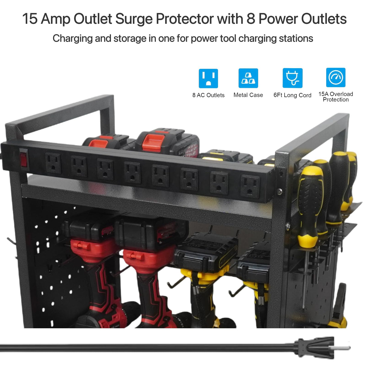zsttion Power Tool Organizer Cart with Charging Station, 4-Tier Rolling Tool Cart for Garage Storage,Heavy-Duty Floor-Standing Storage Rack with 8-Outlet Power Strip,Supports 500 lbs zsttion