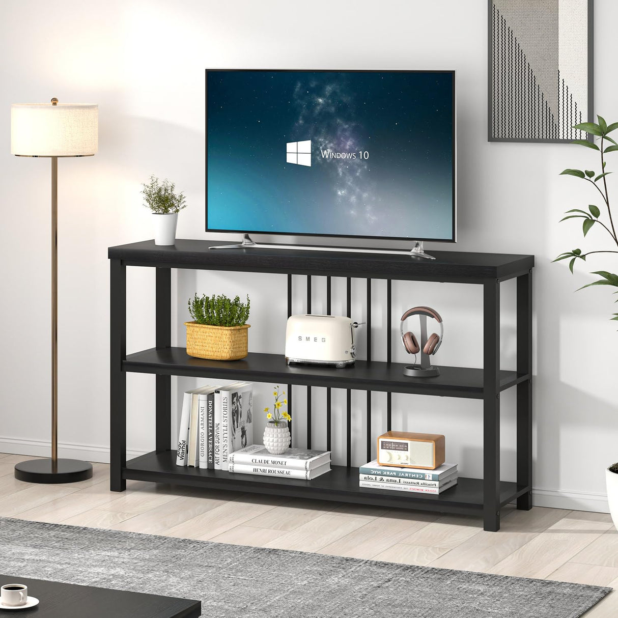 FOLUBAN Entryway Table, Modern Sofa Console Table with 3 Tier Storage Shelf, Hallway Foyer Table for Living Room, Industrial Black Oak FOLUBAN