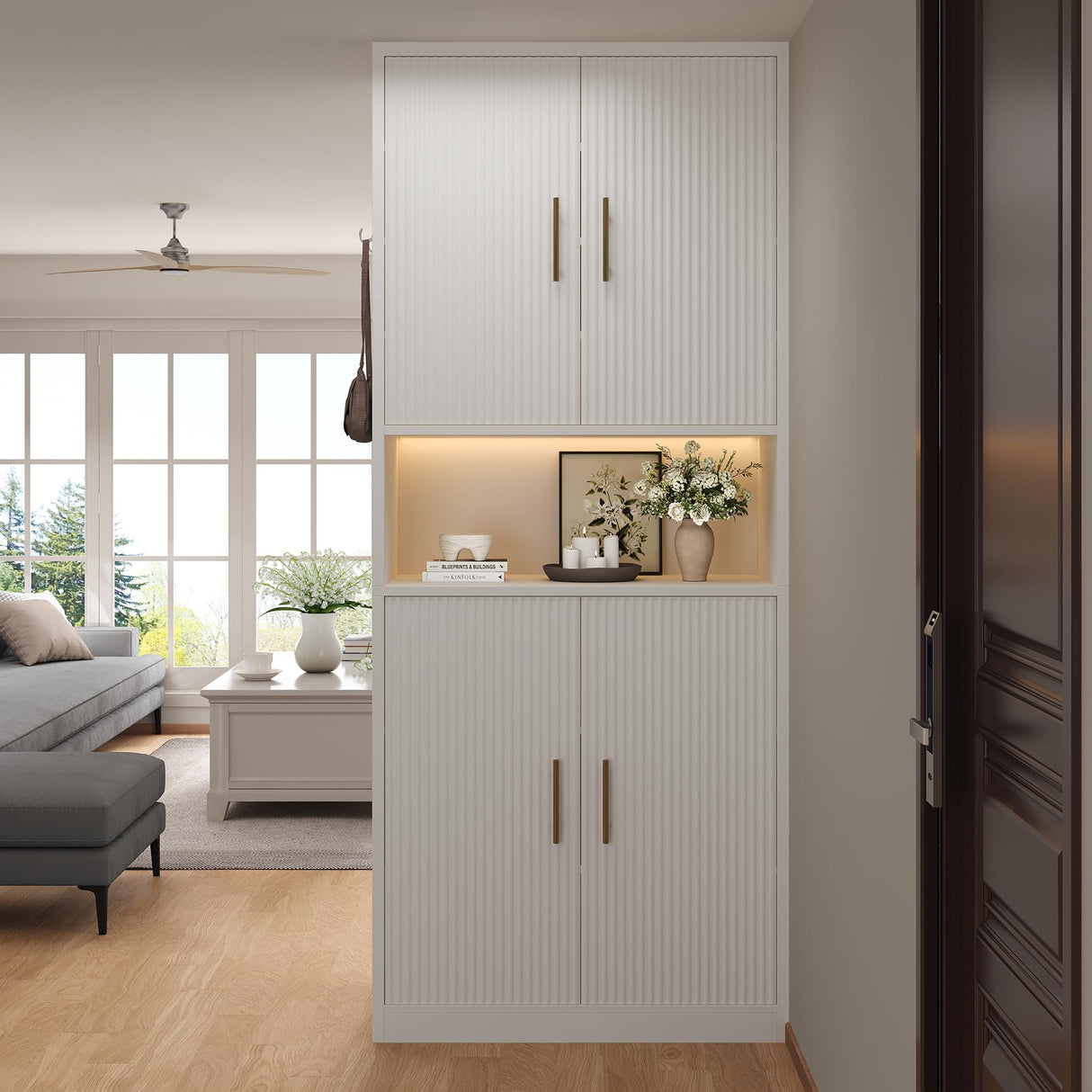 Epecoya 66-Inch Tall Shoe Cabinet with Fluted Door and LED Light for Entryway, Modern Large 9-Tier Freestanding Shoe Storage Organizer with Adjustable Shelves Open Shelf for Closet, Living Room, White Epecoya