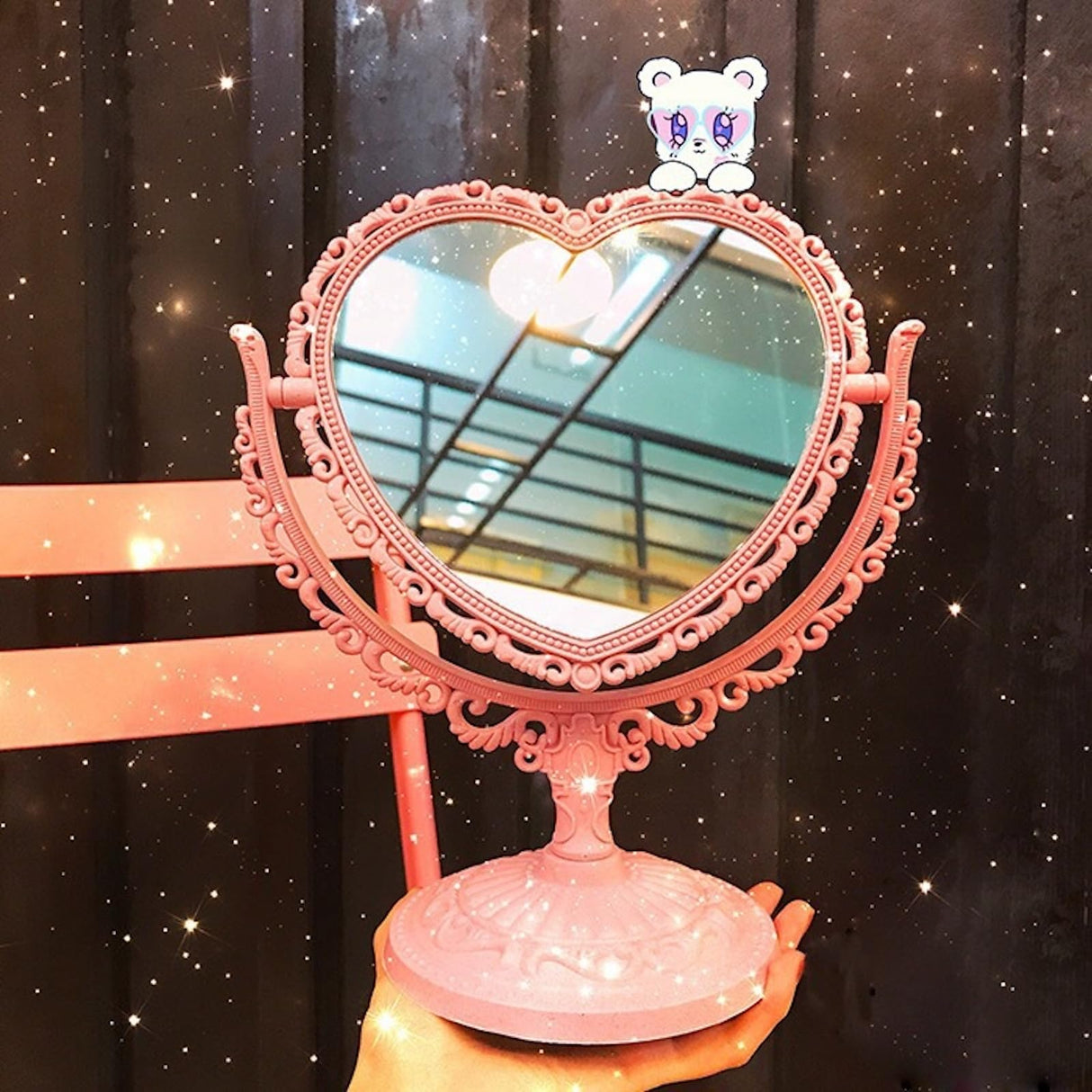 JDPEYI-Pink Heart Shaped Mirror - Coquette Room Decor for Desk & Vanity -Double-Sided Rotatable Cute Magnifying Mirror with Stand JDPEYI