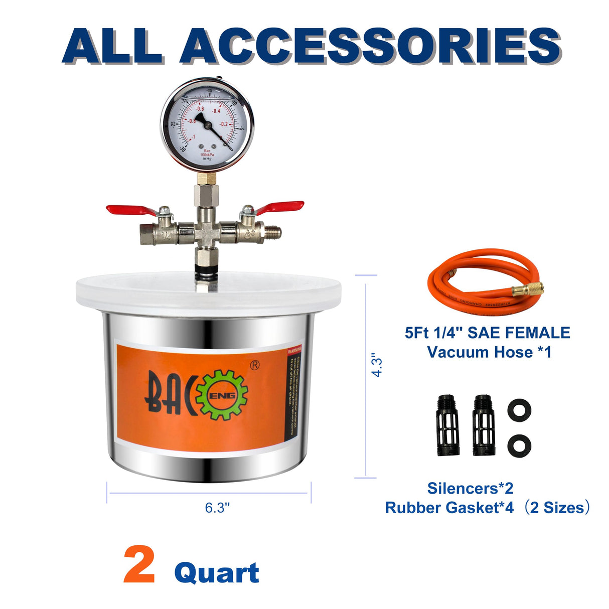 BACOENG 2 Quart Stainless Steel Vacuum Chamber Kit for Degassing Resin, Silicone and Epoxies BACOENG