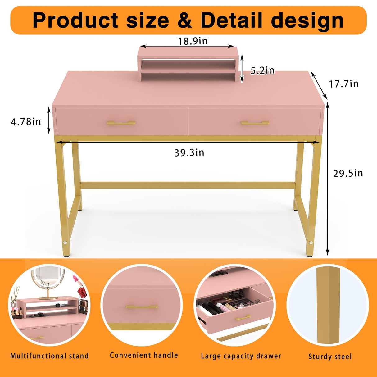 WESTREE Women Makeup Vanity Desk with 2 Drawers - Bedroom Home Office Desk, Wooden Height Monitor Stand & Storage Shelf Without Mirror, Pink Table Great Gift for Her WESTREE