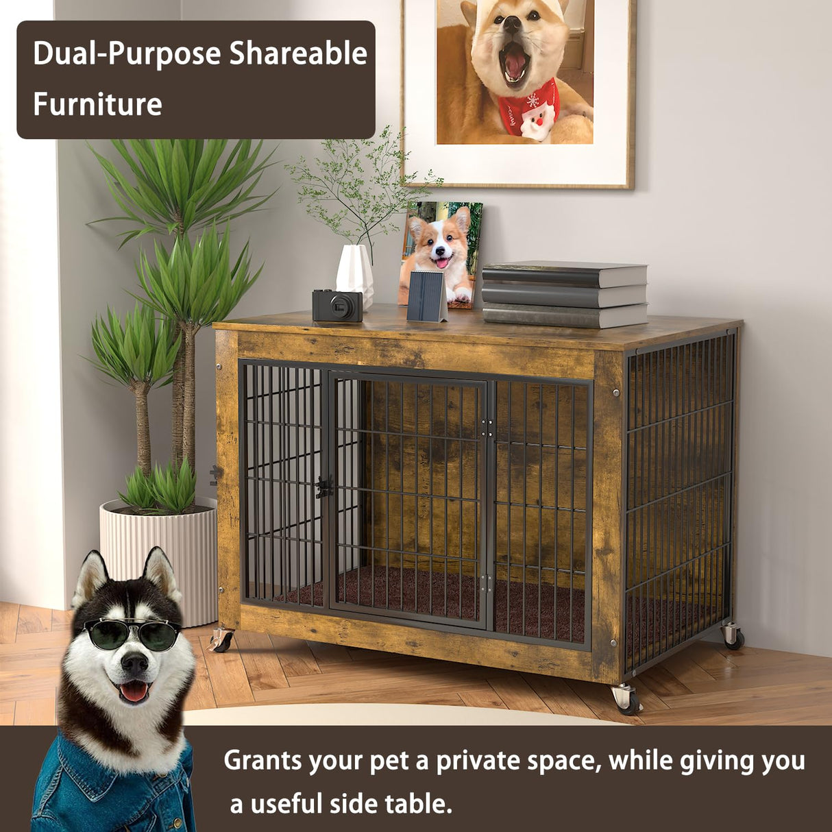PRETZI Dog Crate Furniture with Cushion,38" Wooden Dog Crate nightstand with Double Doors, Brown Kennel Indoor with Wheels, Decorative Pet House for Small Medium PRETZI