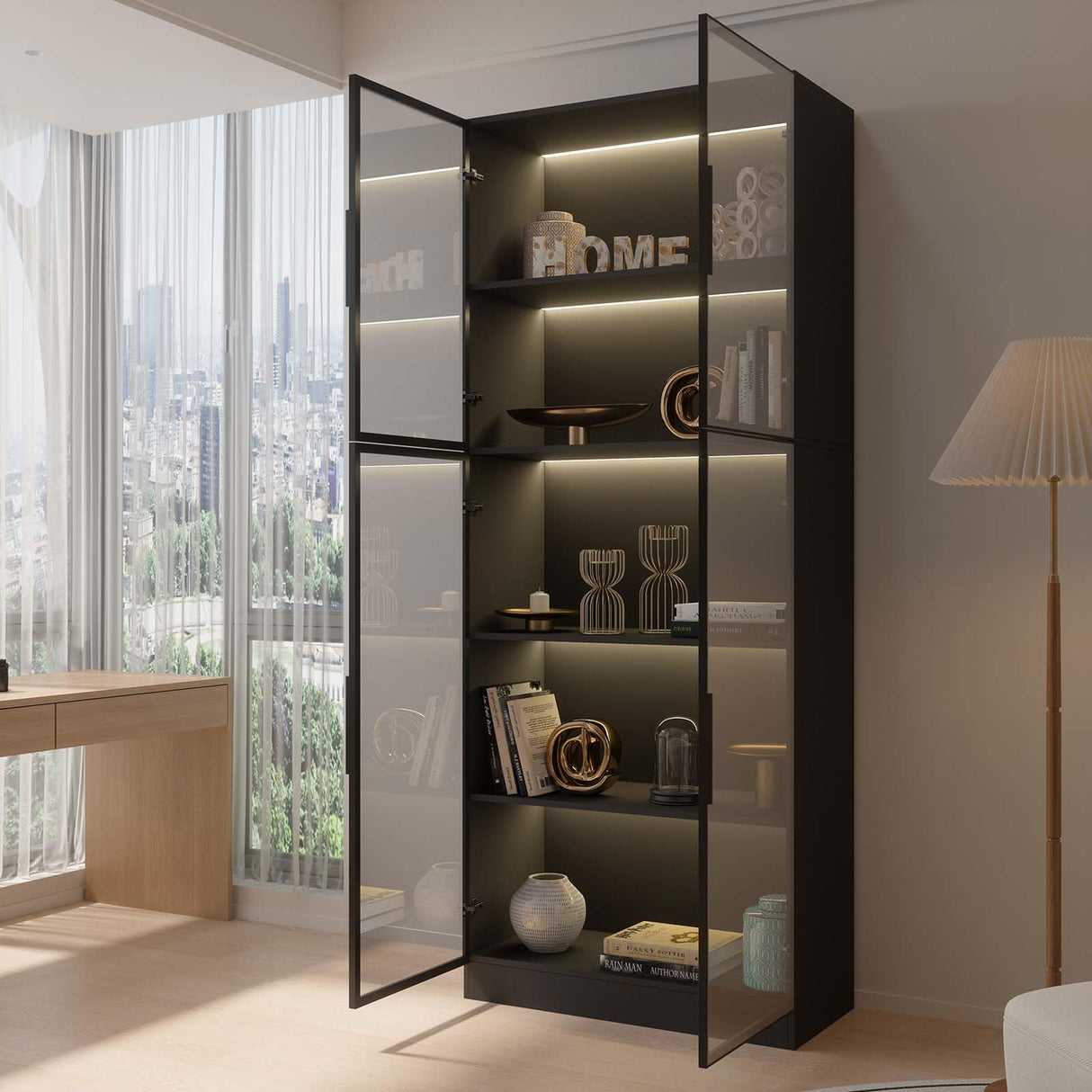 Jiaoun Display Cabinet with Glass Doors and LED Light, Black Curio Cabinets, Bookcase with 5-Tier Shelves, Trophy Glass Display Case for Collectibles (31.5 "W x 16.5 "D x 78.7 "H) Jiaoun