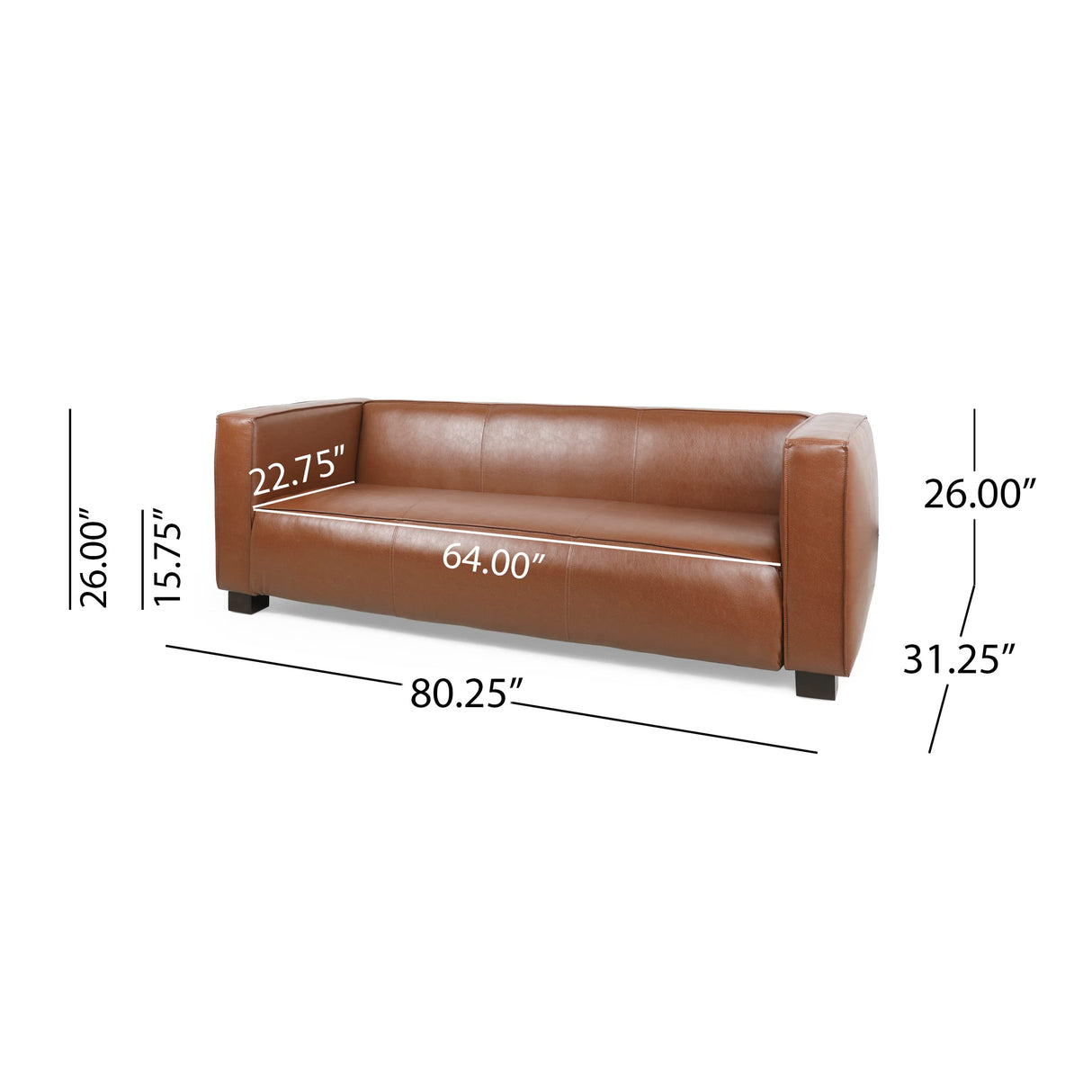 Christopher Knight Home Goyette 3 Seater Sofa - Faux Leather - Cognac Brown/Dark Walnut Christopher Knight Home