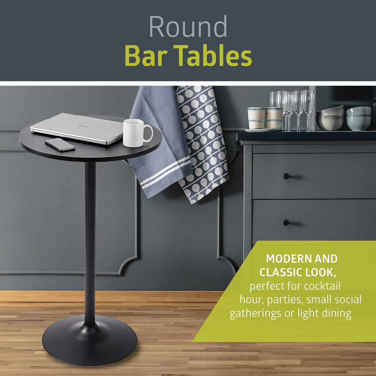 Pearington Santina, Single Round Cocktail Bar, Pub, and Bistro High Top Table with Black Top and Base Pearington