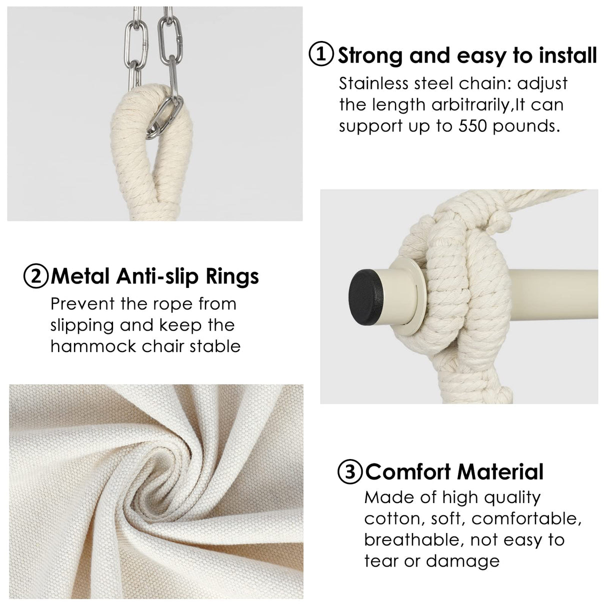 Y- Stop Hammock Chair Hanging Rope Swing, Max 500 Lbs, 2 Cushions Included, Large Macrame Hanging Chair with Pocket for Superior Comfort, with Hardware Kit (Beige) Y- STOP