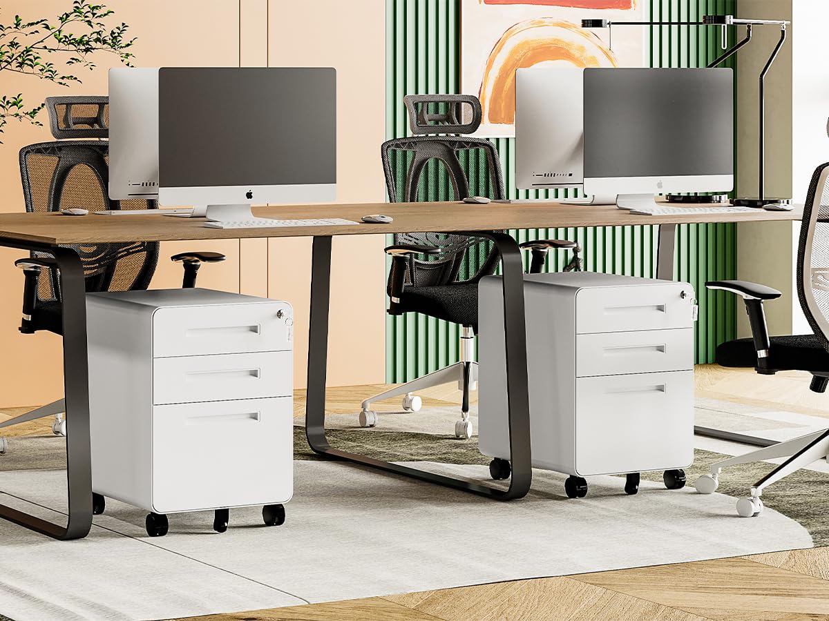 MIIIKO Mobile Filing Cabinet 3 Drawer, White Small File Cabinet with Lock Under Desk, Filing Cabinet for Home Office with Wheels, A4/Letter/Legal Hanging File Folders MIIIKO