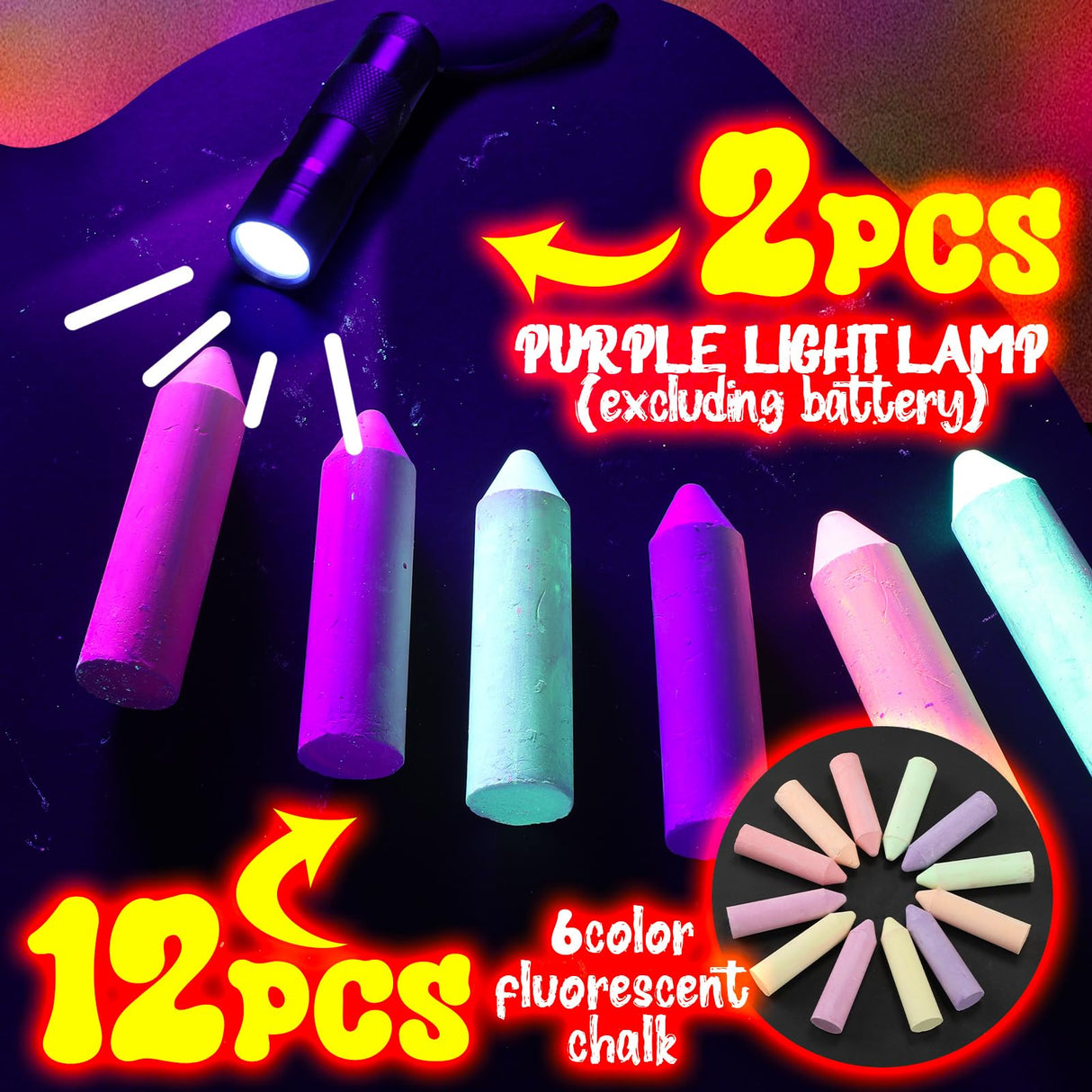 12 Pcs 6 Color Glow in the Black Lights Chalk UV Neon Sidewalk Chalk and 2 Pcs UV Flashlight Outdoor Dustless Black Light Party Supplies for Birthday Gift Painting Drawing on Chalkboard Playground Weewooday