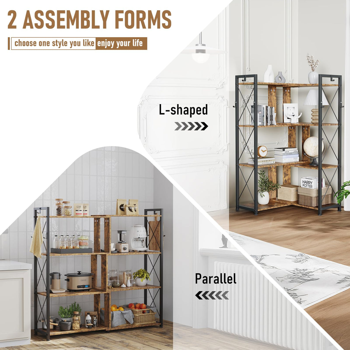 EDWINENE 4 Tier Corner Bookshelf, Industrial l Shaped Bookshelf with Metal Frame, Tall Corner Shelf Stand with 2 Hooks for Living Room, Bedroom, Home Office, Rustic Brown EDWINENE