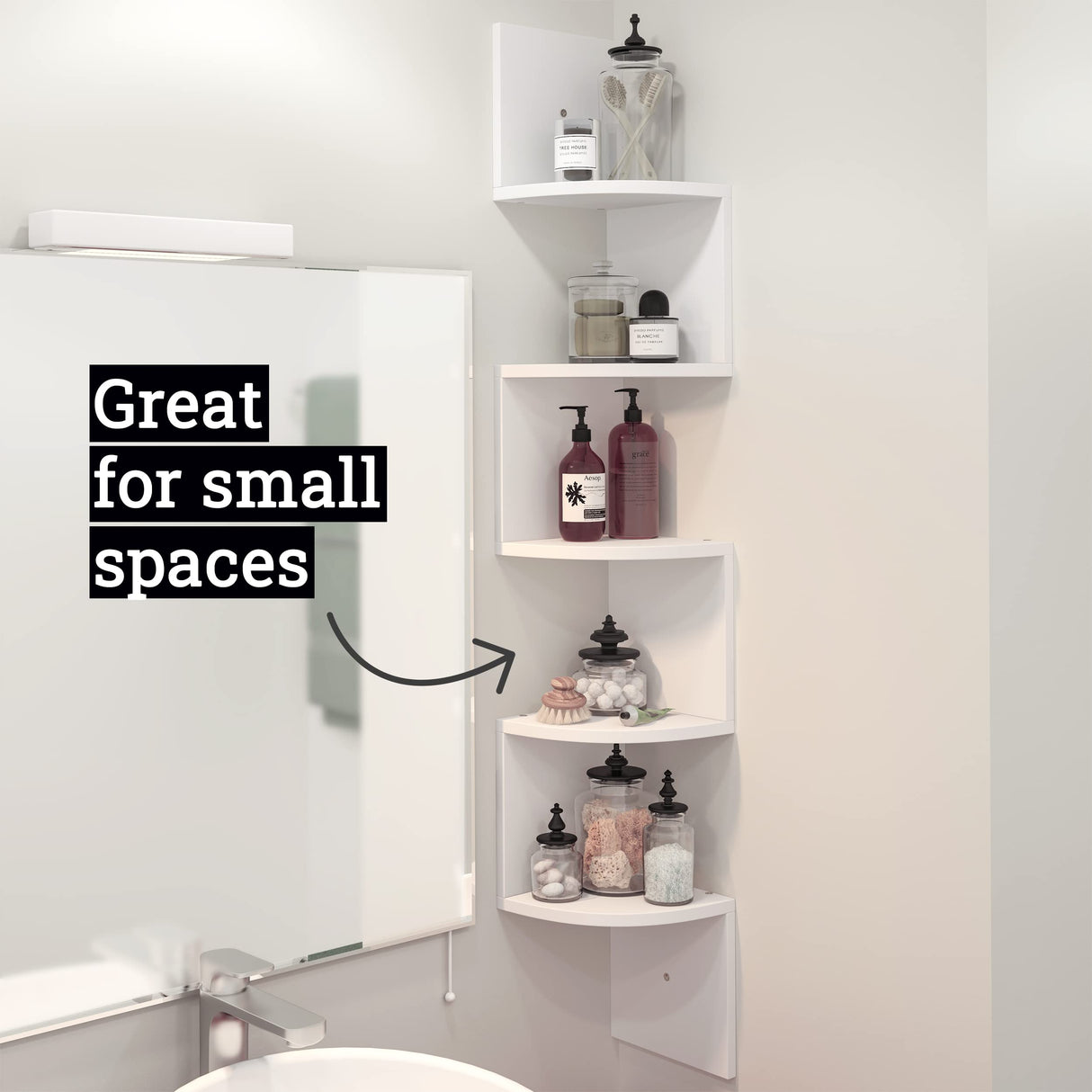 Greenco 5-Tier Floating Corner Shelves, Wall Organizer Storage, Easy-to-Assemble Wall Mount Shelves for Bedrooms, Bathroom, Kitchen, Offices, and Living Rooms(Rustic White Finish) Greenco