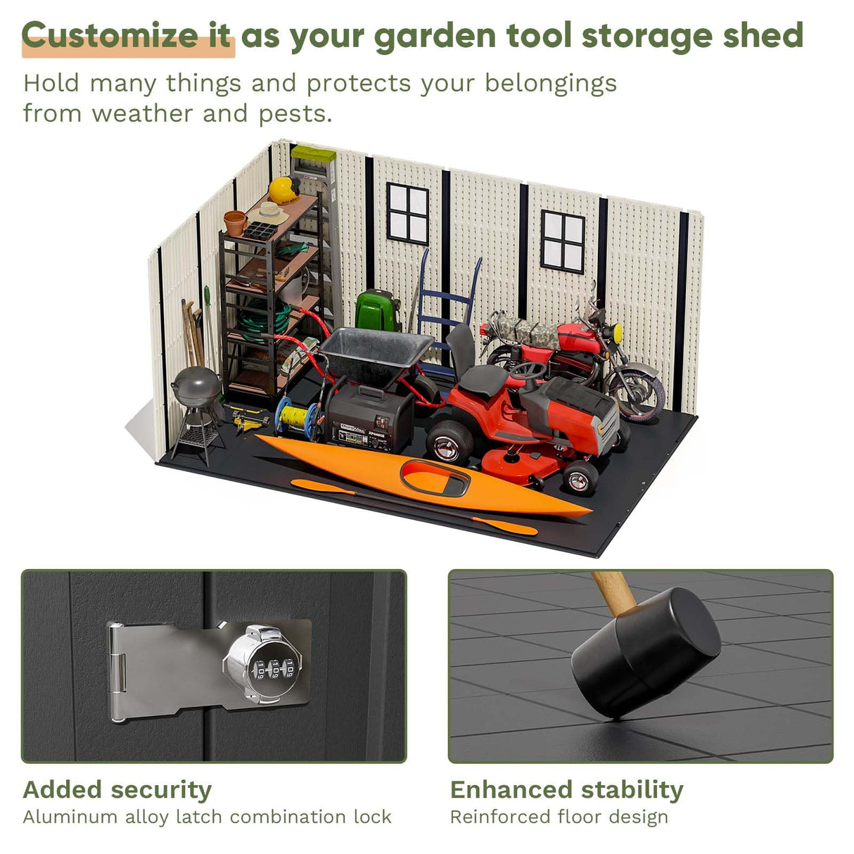 Patiowell 8 x 12 FT Plastic Outdoor Storage Shed with Floor, Resin Shed with Window and Lockable Door for Garden, Backyard, Tool Storage Use, Easy to Install in Beige (Kick-it Shed) Patiowell