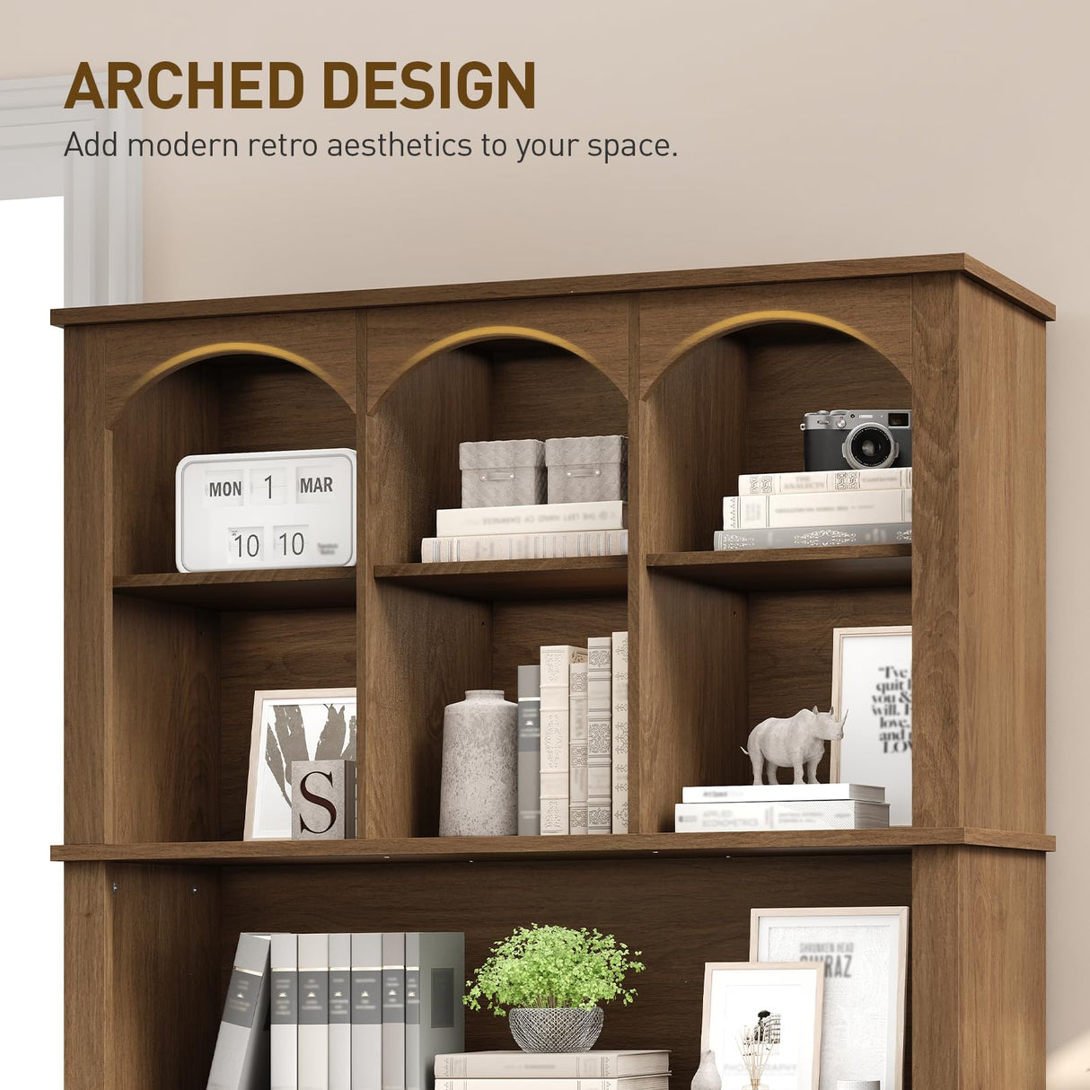 RALGEND 73.2" Tall Farmhouse Arched Bookshelf with Drawer and Door, 6 Tier Mid Century Modern Book Shelf and Bookcase with Storage, Floor Standing Display Cabinet for Living Room, Home Office, Walnut RALGEND