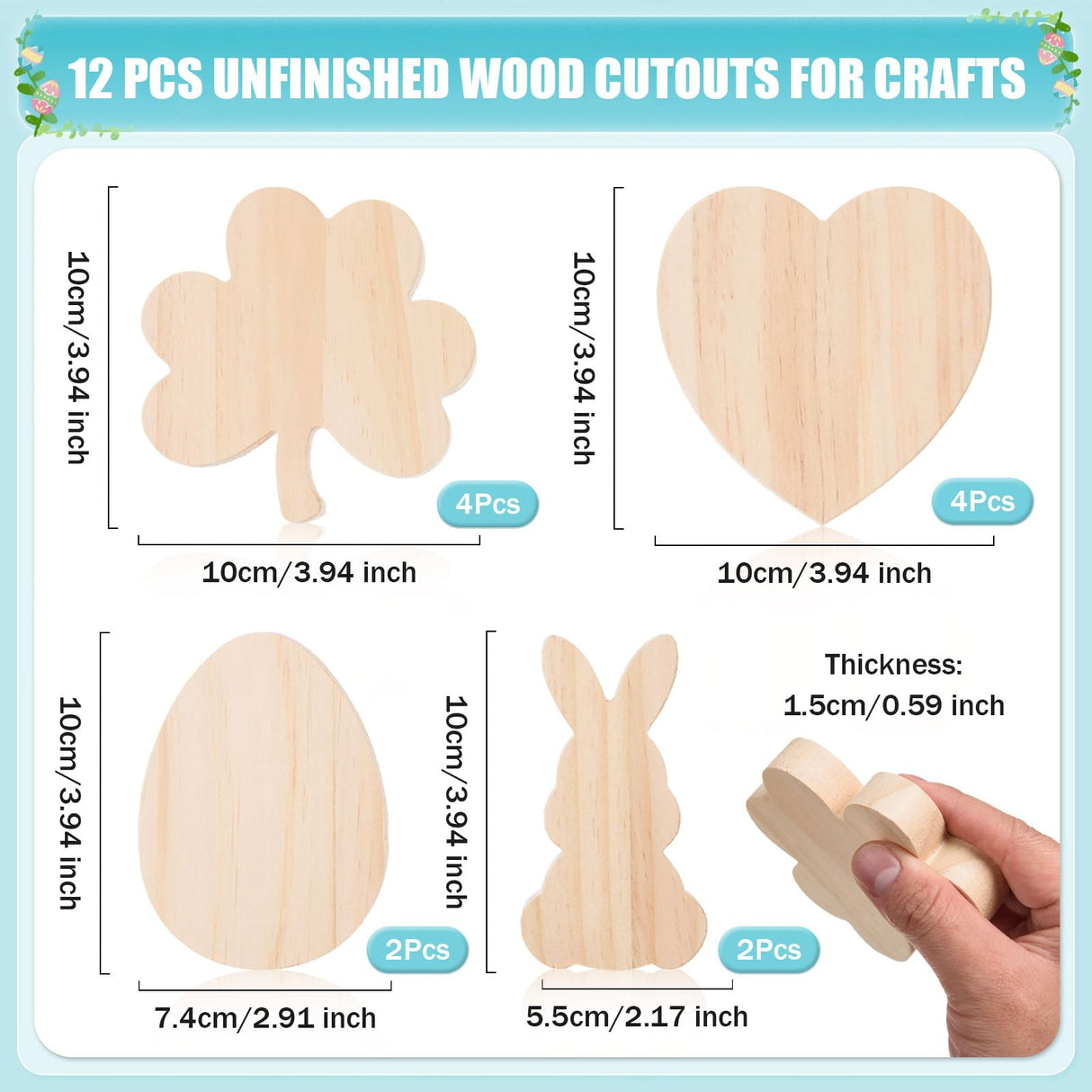 AWIZOM 12 Pcs Wooden Holiday Cutouts Unfinished Shamrock Heart Bunny Egg Shaped Table Sign Standing Wooden Centerpieces Unpainted Wood Blocks for DIY Crafts Valentine Day St.Patrick Day Easter Decors AWIZOM