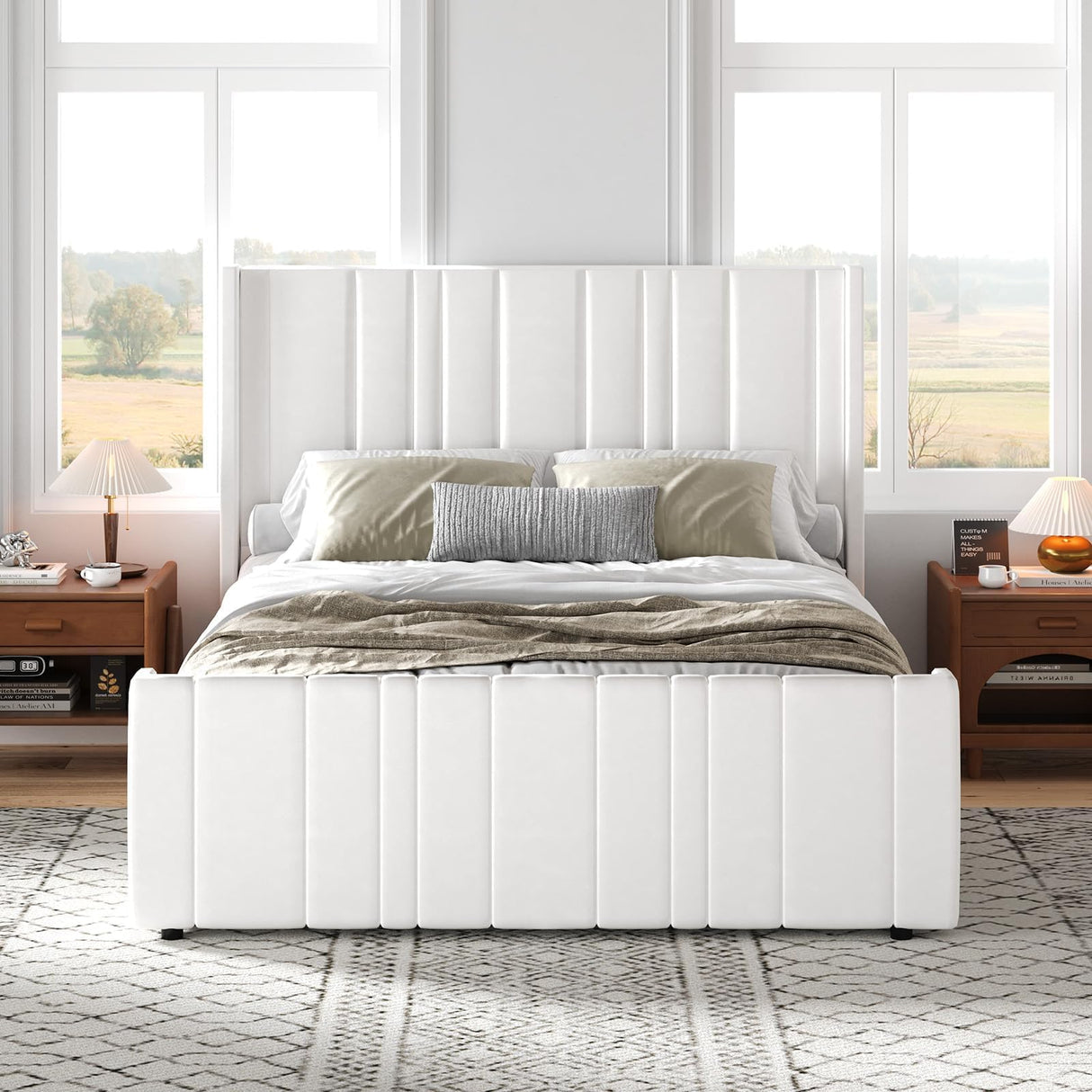 HOMBCK Queen Bed Frame, Upholstered Platform Bed Frame Queen Size with Vertical Channel Tufted Headboard & Footboard, Wingback Design/Noise Free/No Box Spring Needed/Easy Assembly, Cream HOMBCK