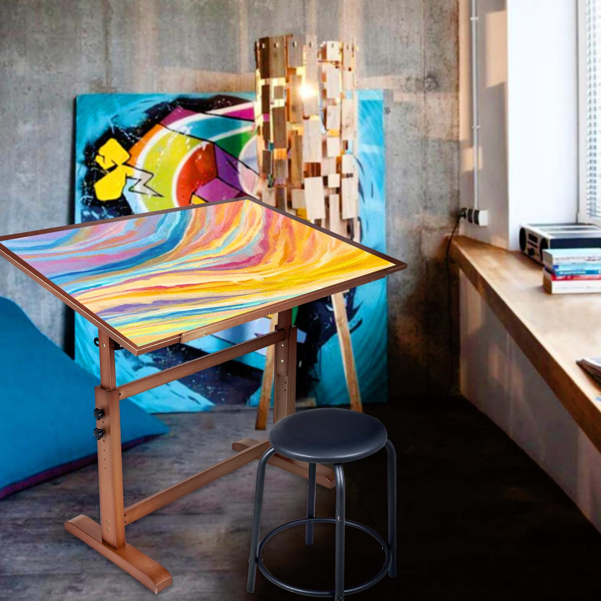 Falling in Art Wooden Drafting Table and Stool Set, Walnut 30" x 42" Adjustable Height and Angle Solid Wood Drawing Desk for Adults, Artist Craft Table for Painting Artwork, Reading, and Writing Falling in Art