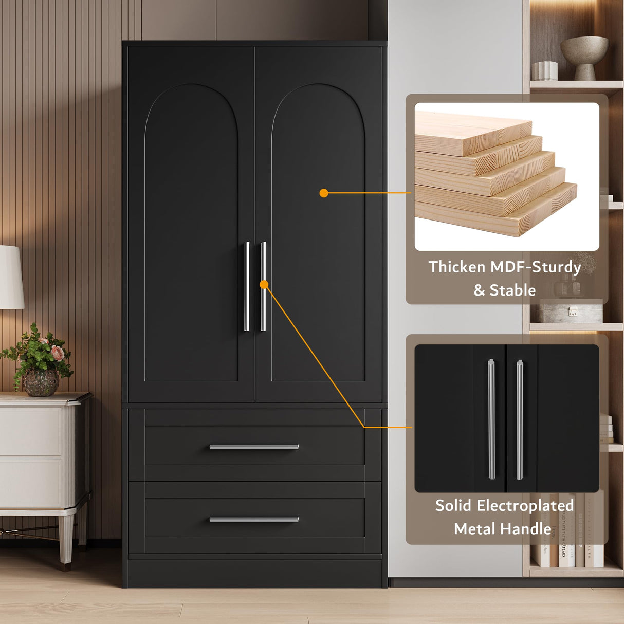iPormis Wooden Armoire Wardrobe Closet with 2 Drawers, Clothing Storage Cabinet with Shelves Aluminum Hanging Rod, Wardrobe Storage with Strong Door Closure, Modern Bedroom Clothing Armoires, Black iPormis