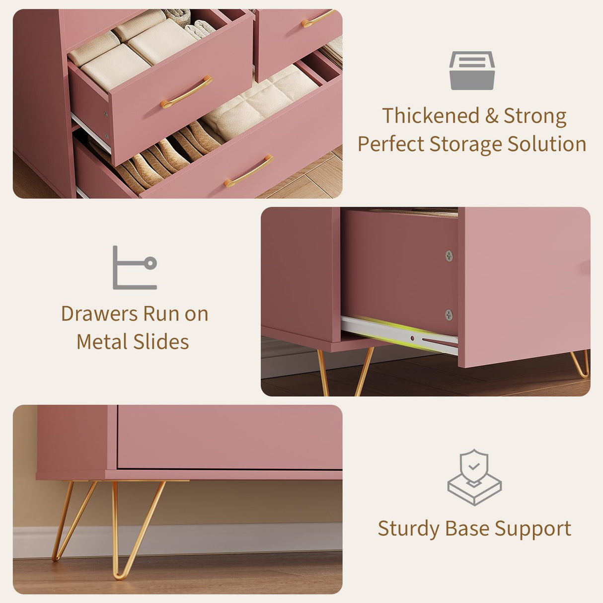 Patikuin Pink Dresser for Bedroom, 47" Wide Chest of Drawers with LED Lights, Charging Station & 5 Smooth-Sliding Drawers, Modern Wood Storage Cabinet for Entryway, Hallway, Living Room Patikuin