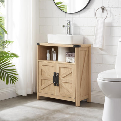 Minifeel Bathroom Floor Cabinet, Adjustable Shelf, Barn Doors, Farmhouse Bathroom Storage Cabinet for Kitchen, Living Room (Natural Oak)