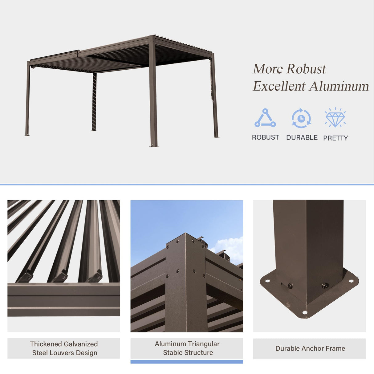 Domi Outdoor Louvered Pergola 10x16FT with Adjustable Steel Roof, Outdoor Aluminum Frame Rainproof Pergola for Backyard, Garden and Lawn,Brown domi outdoor living