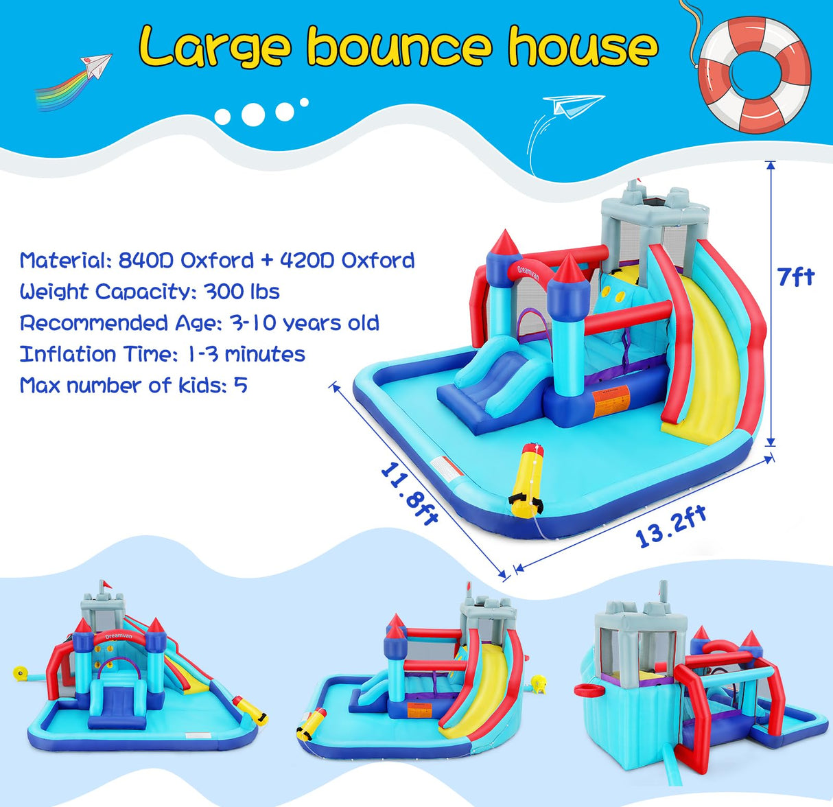 Wesoky Bounce House Water Slide for Kids, 10 in 1 Big Waterslide Inflatable Water Park with Splash Pool Long Slide Sprinkler Blower, Blow up Water Slides Bounce House for Kids Backyard Bouncy Castle Wesoky