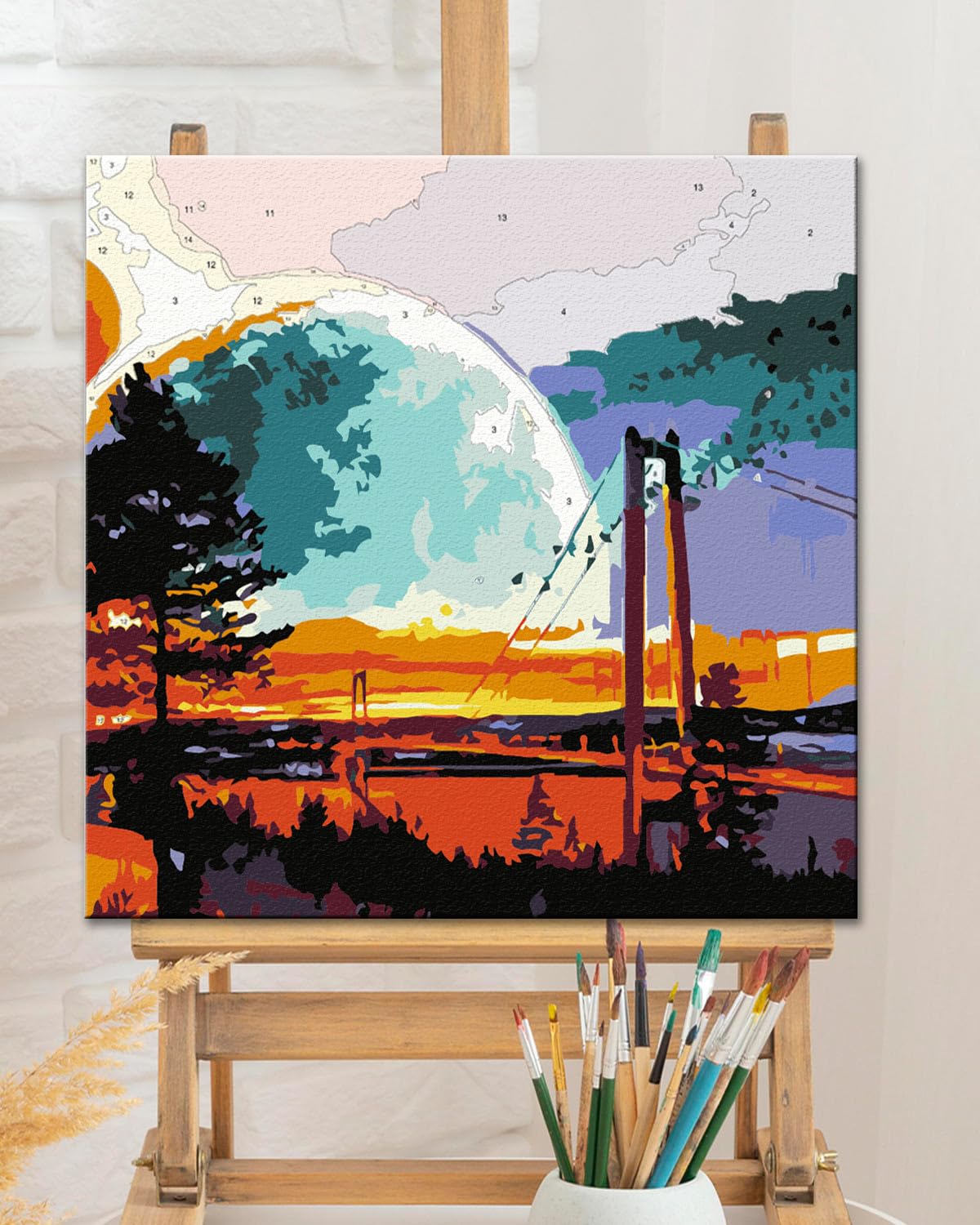 TOCARE Framed Paint by Numbers Kit for Adults Beginners, Bridge Paint by Number with Frame, Sunset Paint by Number Framed Canvas (10x10 Inch, Without Easel) TOCARE