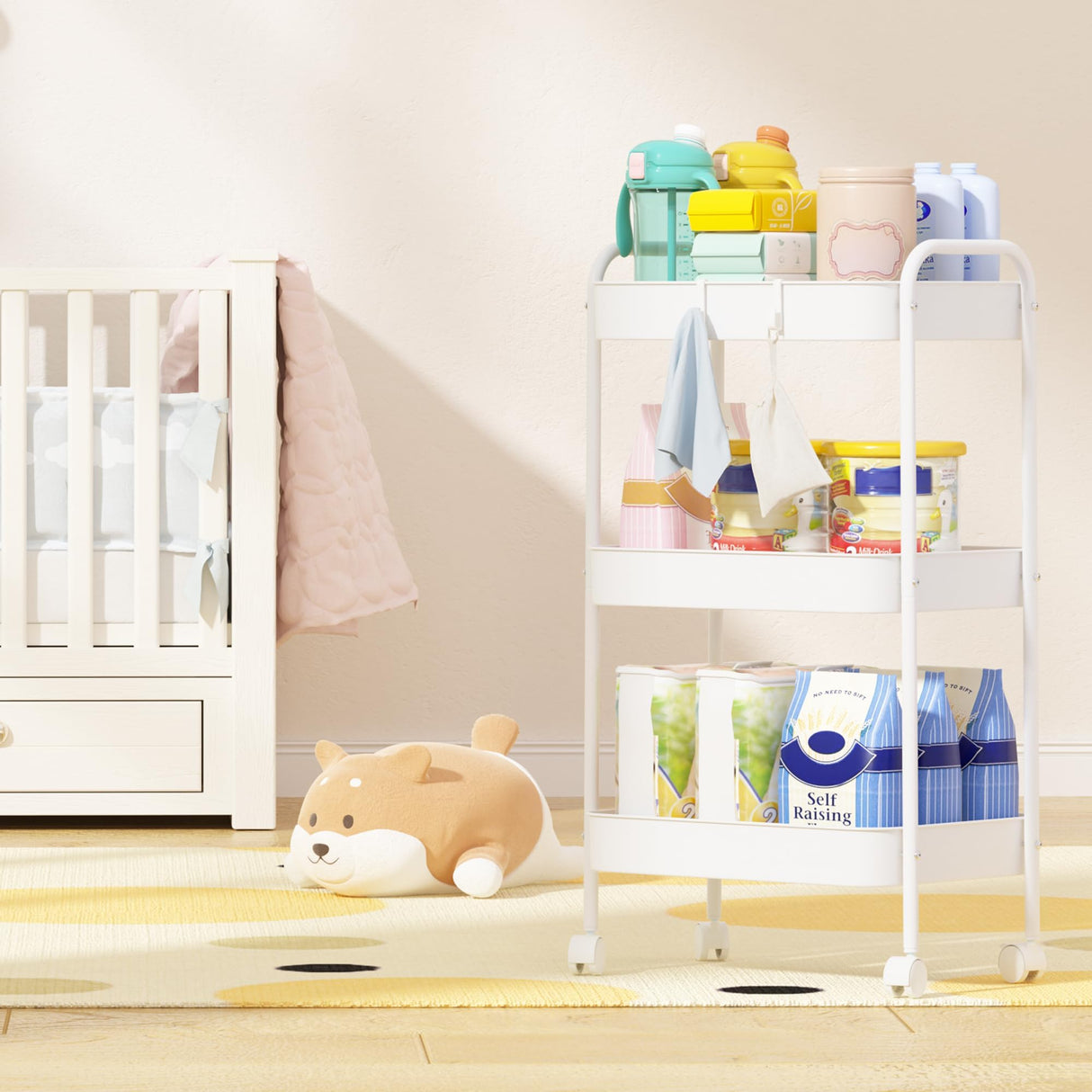 Vtopmart 3 Tier Metal Rolling Cart, Utility Rolling Carts with Wheels, Handle and Lockable Casters, Storage Trolley with Hooks, Easy Assemble for Kitchen, Living Room, Office, Nursery, Garage (White) Vtopmart