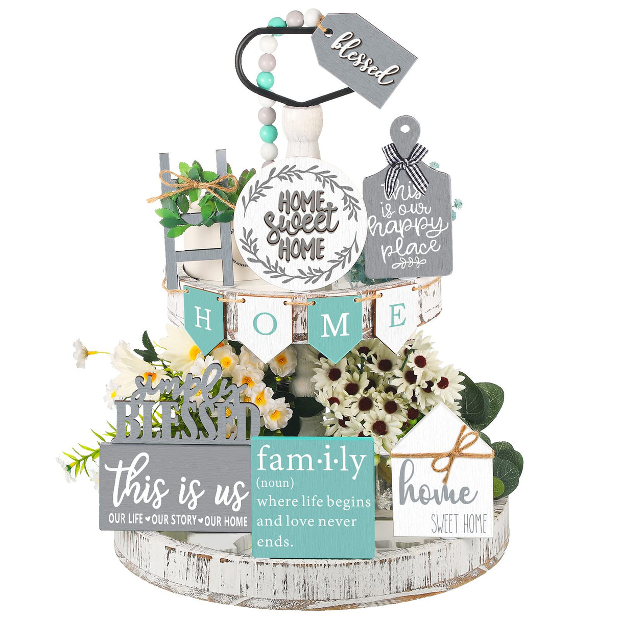 11 Pcs Farmhouse Tiered Tray Decor Home Wood Sign Rustic Home Sweet Home Simply Blessed Wooden Beads Tiered Tray Decorations Set for Home Kitchen Table FairySandy