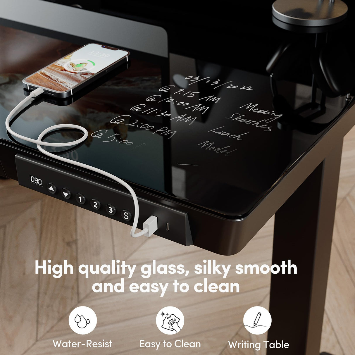 BANTI Electric Standing Desk with Drawers, 48 inch Whole-Piece Glass Desktop, Height Adjustable Stand up Sit Stand Home Office Ergonomic Workstation, Black Tabletop BANTI