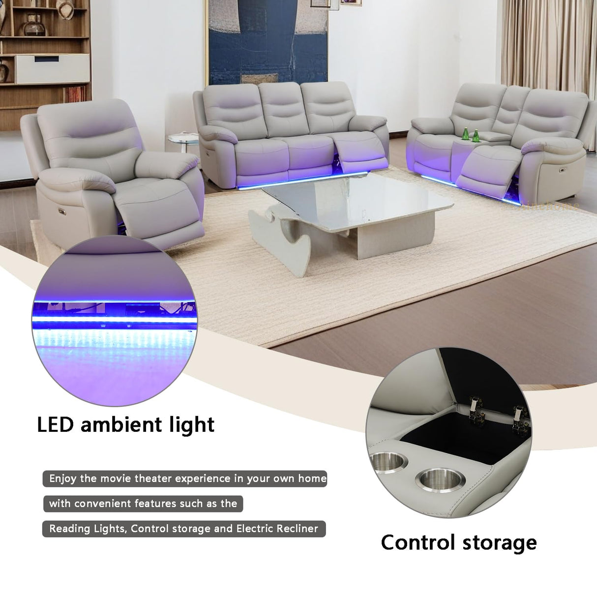 A Ainehome LED Power Recliner Sofa for Living Room Furniture Set, Leather Sectional Sofa Set, Reclining Sofa and loveseat with USB Port/Storage Console/Cup Holders(Grey 3-Piece Set) A Ainehome