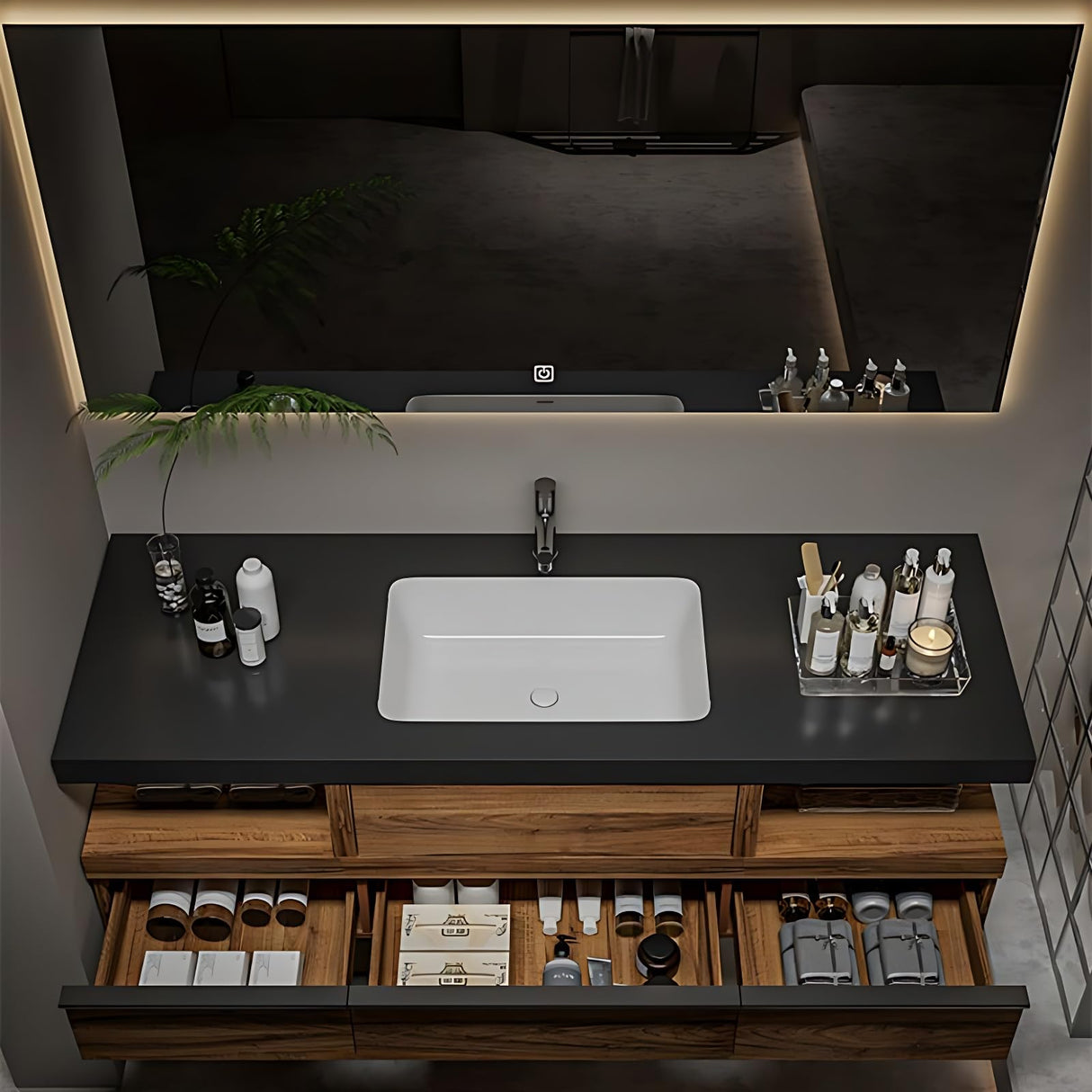 Bathroom Vanity with Sink - Modern Single Sink Bathroom Vanity, Wall Mounted Solid Wood Bathroom Sink Cabinet, Elegant Floating Vanity with Ample Storage and LED Anti-Fog Mirror (Square Mirror, 36") ZGNBSD