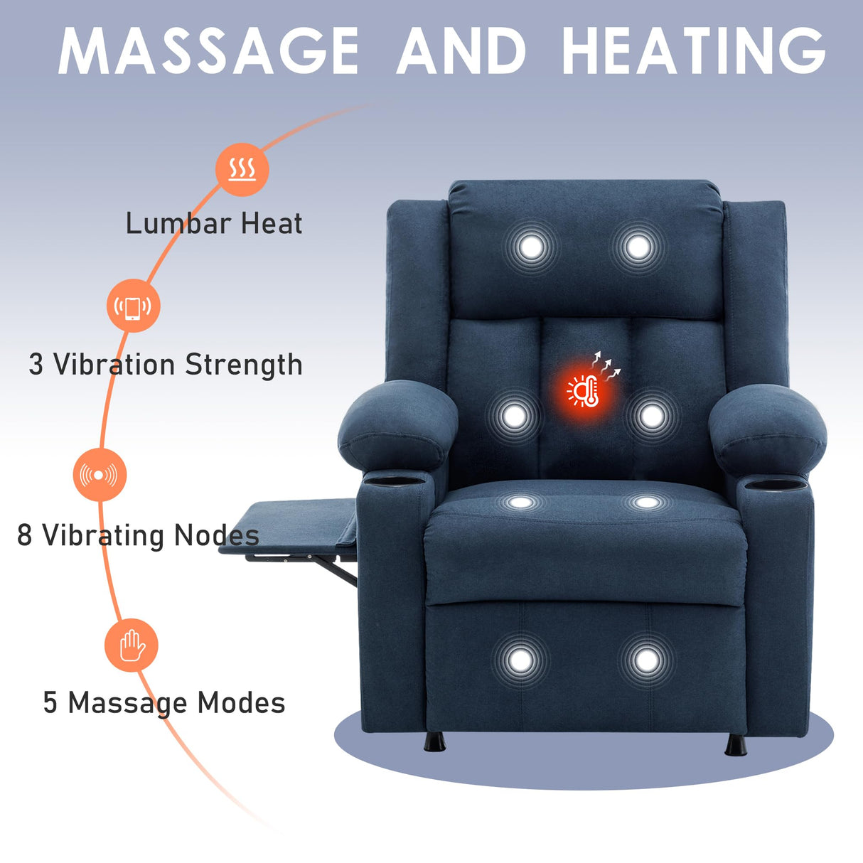 Andeworld Power Recliner Chair,Reclining Sofa Chair with Heat and Massage for Adults, Upholstered Heating Point Theater Seating Single Sofa with Side Pockets Sidetable for Living Room, Blue Andeworld