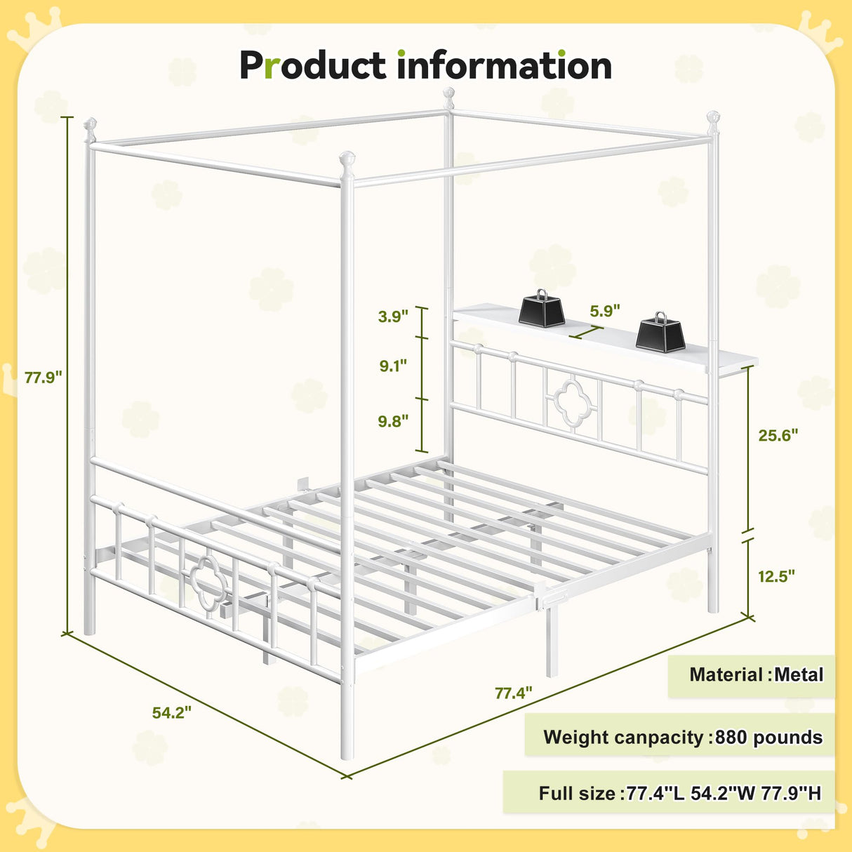 Homkdom Canopy Bed Frame with Storage Headboard, Full Size Bed Frame with 4 Removable Posts, Sturdy Metal Platform with Under-Bed Storage, Dual Purpose Bed Frame, No Box Spring Needed, White Homkdom