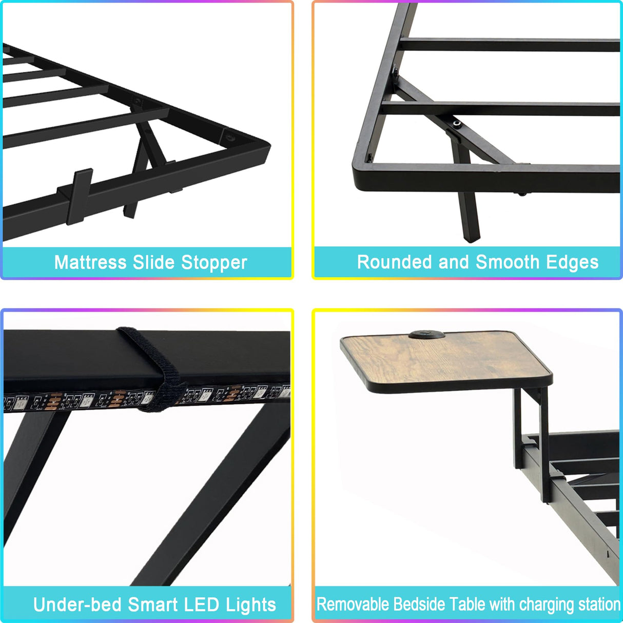 Bigu Floating Bed Frame with LED Lights Metal Platform with 2 Bedside Tables and Charging Station, Queen Bigu