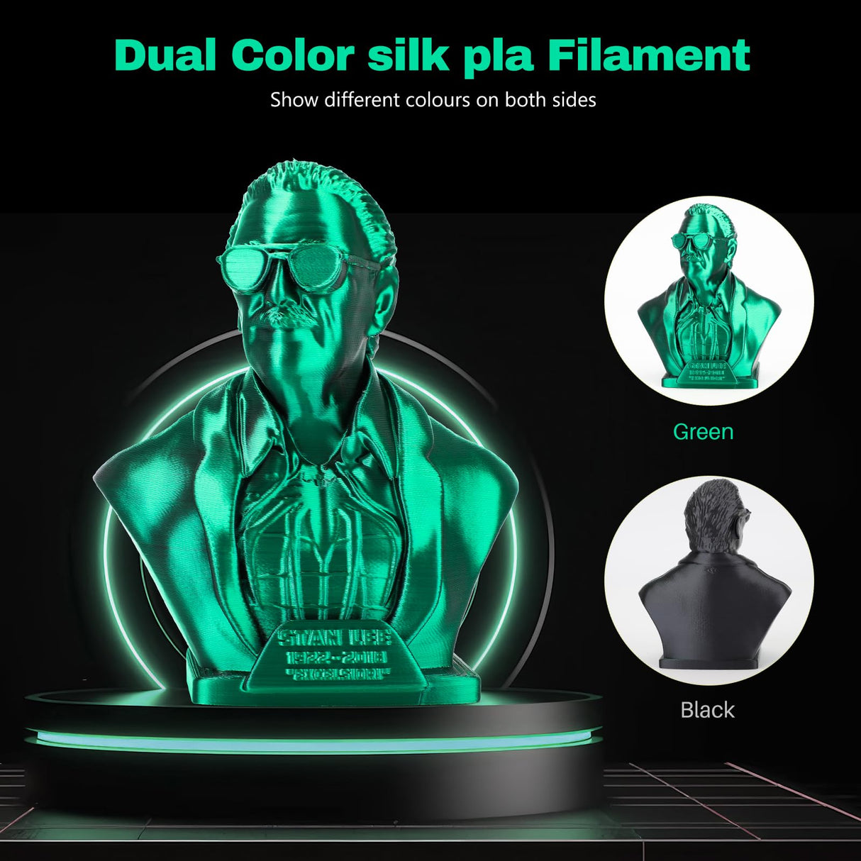 3DHoJor Silk PLA Filament 1.75mm Black Green Dual Color PLA 3D Printer Filament 2 in 1 Coextrusion 1KG Spool(2.2lbs) 3D Printing Filament Dimensional Accuracy +/- 0.03mm Fits for Most FDM 3D Printers 3DHoJor