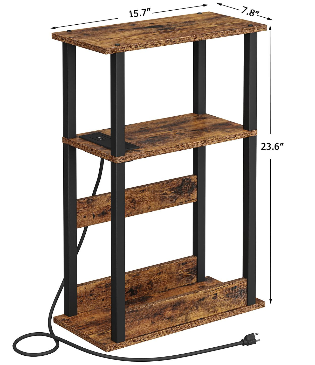 VIMBER Narrow Side Table with Charging Station, 2 Set of Skinny End Table for Small Spaces, Sofa Beside Table with Storage Shelf, Slim Nightstand with USB Ports Outlet, Rustic and Brown VIMBER