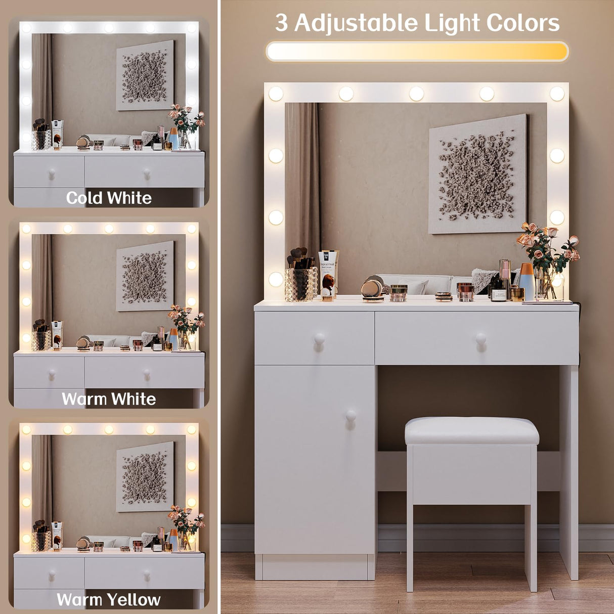 Haewon Vanity Desk with Mirror, 11 LED Lights and Power Outlet, Makeup Vanity Set with Storage Cabinet, Drawers and Chair, White Dressing Table with 3 Adjustable Light Modes for Bedroom Haewon