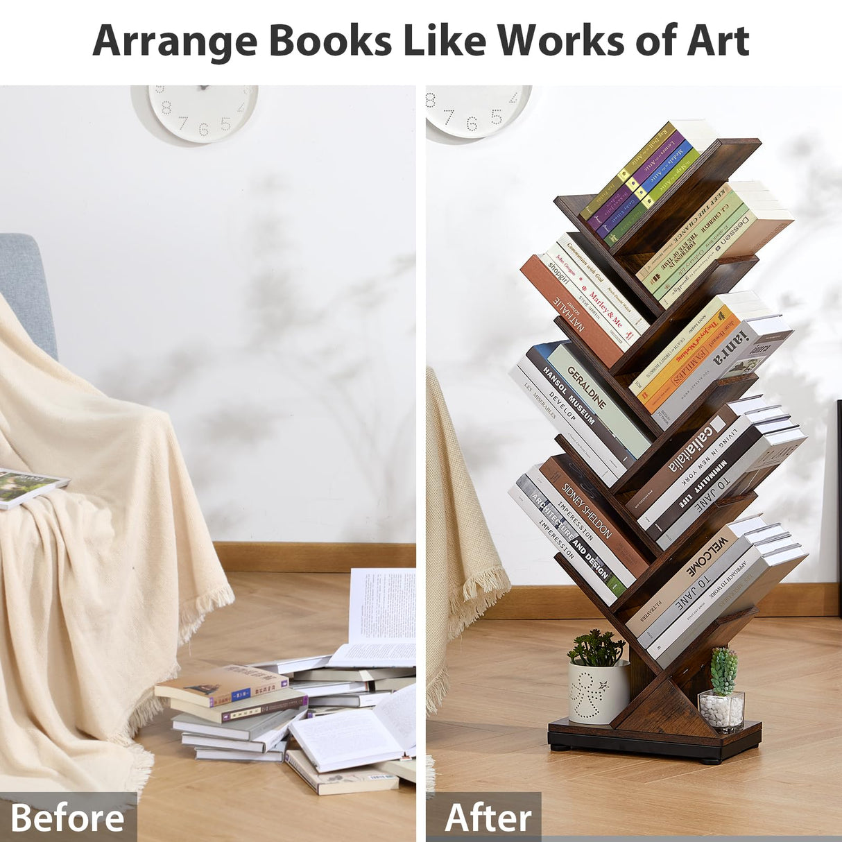 ruboka 8 Tier Tree Bookshelf,8 Shelf Floor Standing Bookcase Display for CDs/Magazine/Books, Retro Bookshelf for Bedroom, Living Room, Office,Balcony,Book Organizer Storage Shelves ruboka