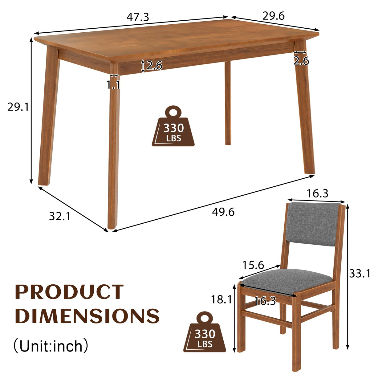 Merax 5 Piece Rectangle Wooden Dining Table Set, Mid Century Modern Tables and 4 Upholstered Wood Chairs for Kitchen, Home, Saving Space, Brown+Gray Merax