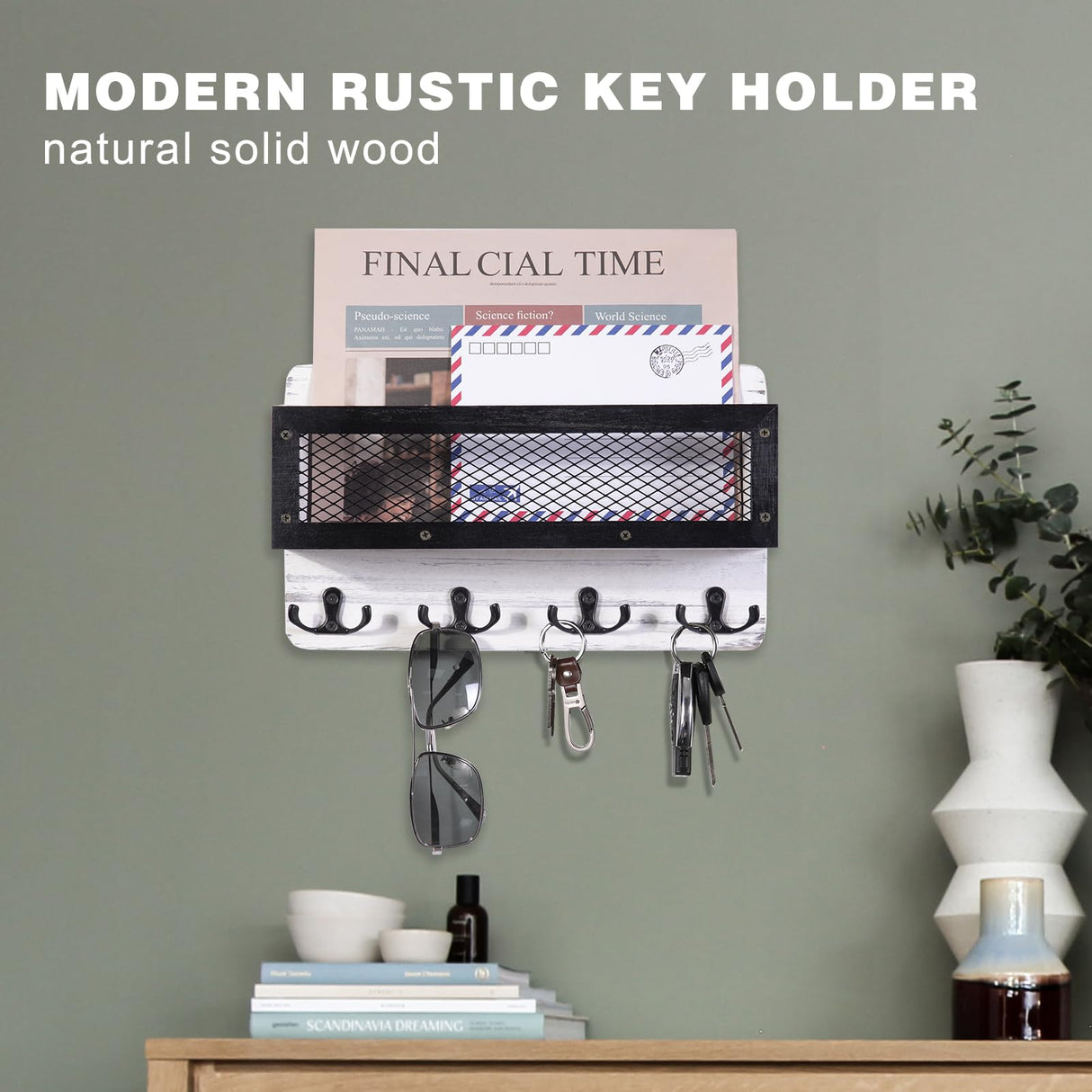 ADIIL Mail and Key Holder for Wall Decorative, Wooden Wall Key Rack Organizer with 4 Double Key Hooks, Wall Mount Key Hanger for Wall with Shelf, Rustic Home Decor for Entryway Hallway, White ADIIL